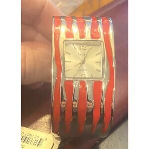 Women's 30mm Wide Kristine Cuff Watch, Silver Tone and Red Enamel, NEW